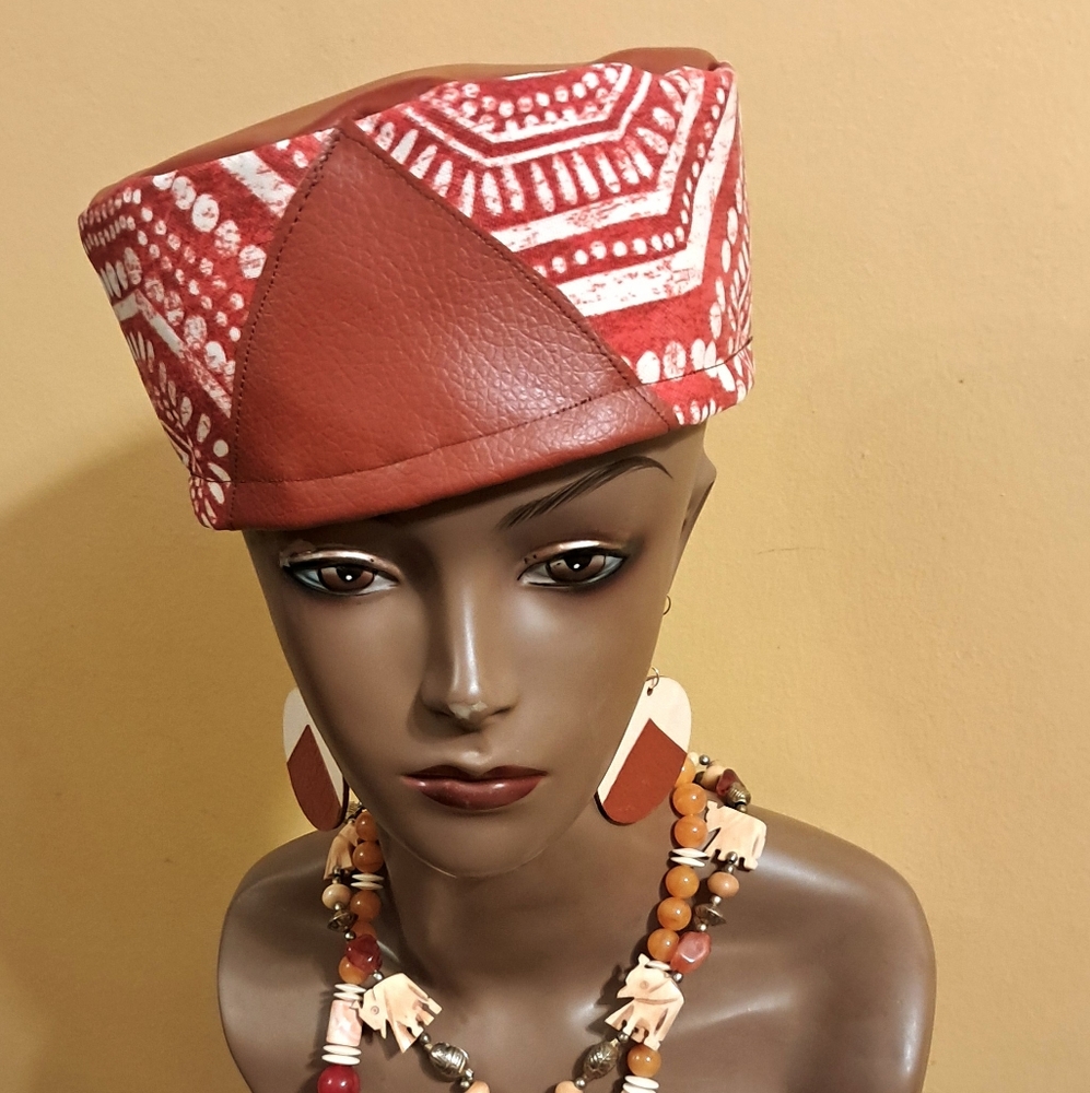 NEW  2PC HANDMADE TAM HAT FAUX LEATHER ACCENT,&  MATCHING HANDMADE EARRINGS 24"